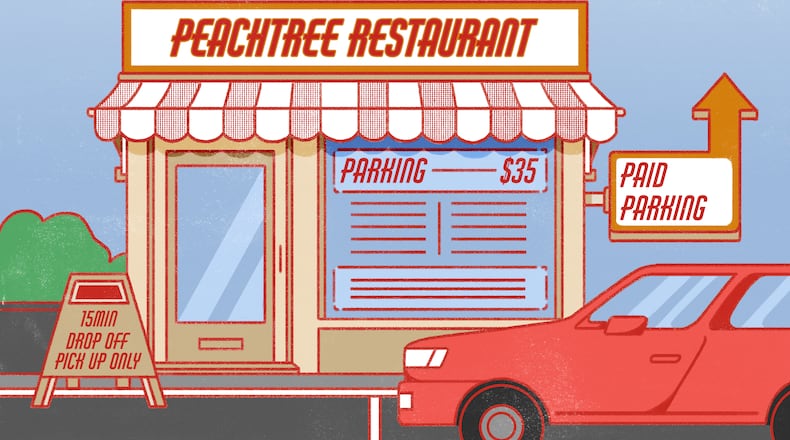Metro Atlanta's diners are feeling the squeeze of paid parking outside popular restaurants. (Illustration: Broly Su / AJC)
