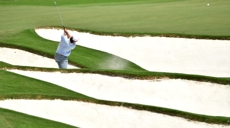 CHARLOTTE, NC - AUGUST 13: Kevin Kisner of the United States plays a shot from a bunker on the fifth hole during the final round of the 2017 PGA Championship at Quail Hollow Club on August 13, 2017 in Charlotte, North Carolina. (Photo by Stuart Franklin/Getty Images)