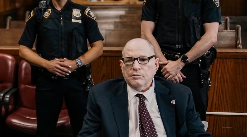 Harvey Weinstein appears in Manhattan criminal court on Friday, April 17, 2026, in New York. (AP Photo/Eduardo Munoz Alvarez, Pool)