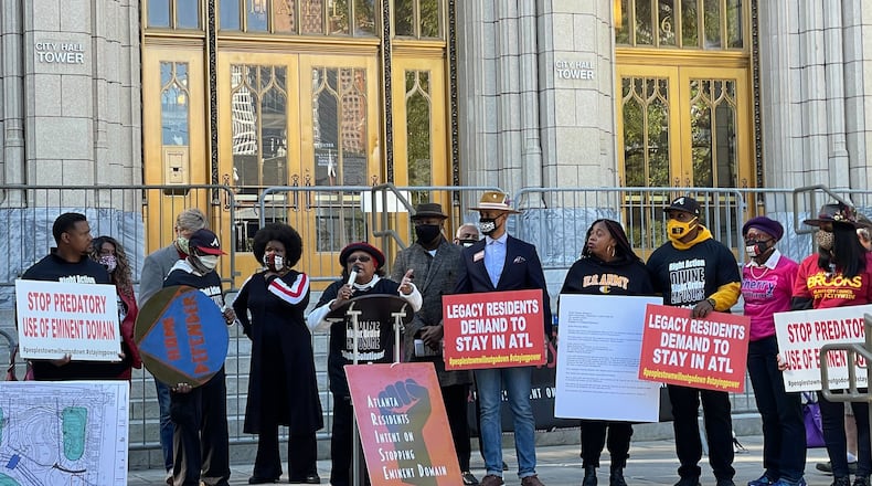 Atlanta 110121 -- Bertha Darden of Peoplestown speaks to residents in front of Atlanta City Hall on Monday, Nov. 1, 2021. Darden is criticizing the city's elected leaders and former Mayor Kasim Reed for their role in the city's actions to remove the Dardens from their home. (Wilborn P. Nobles III/The Atlanta Journal-Constitution)