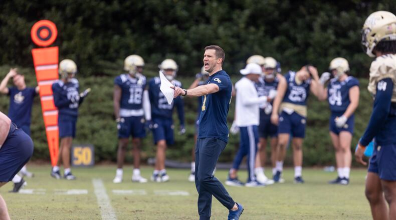 Defensive coordinator Andrew Thacker coaches during the first day of spring practice for Georgia Tech football on Feb. 24 at Alexander Rose Bowl Field. (Photo Jenn Finch)
