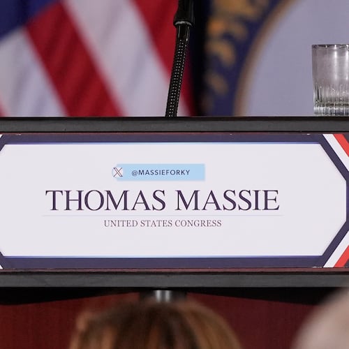 An empty glass is seen after Rep. Thomas Massie, R-Ky., spoke during an election night watch party after losing the Republican party's nomination at the Marriott Cincinnati Airport, Tuesday, May 19, 2026, in Hebron, Ky. (AP Photo/Carolyn Kaster)