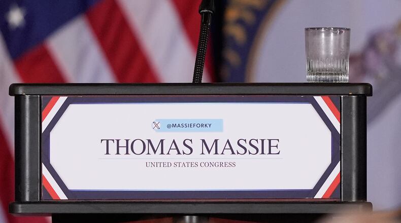 An empty glass is seen after Rep. Thomas Massie, R-Ky., spoke during an election night watch party after losing the Republican party's nomination at the Marriott Cincinnati Airport, Tuesday, May 19, 2026, in Hebron, Ky. (AP Photo/Carolyn Kaster)