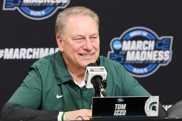 Michigan State head coach Tom Izzo speaks to the media before practice for the NCAA Tournament South Regional at State Farm Arena, Thursday, March, 27, 2025, in Atlanta. (Jason Getz / AJC)