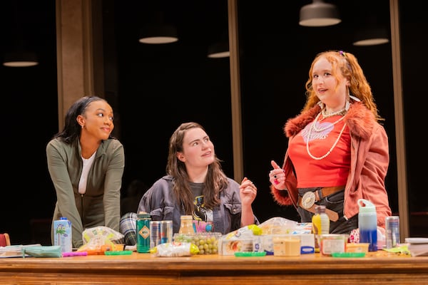 Alyah Chanelle Scott,from left, Kathryn Gallagher and Julie Lester appear in a scene from "All Nighter" in New York. (Evan Zimmerman/MurphyMade via AP)