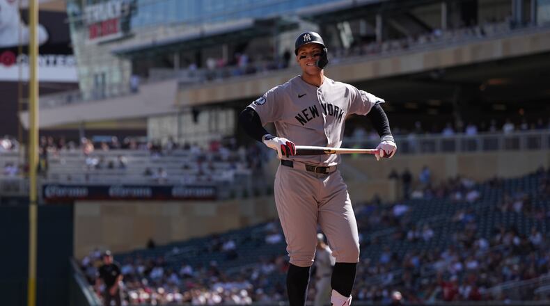 New York Yankees' Aaron Judge reacts after striking out during the third inning of a baseball game against the Minnesota Twins, Wednesday, Sept. 16, 2026, in Minneapolis. (AP Photo/Abbie Parr)