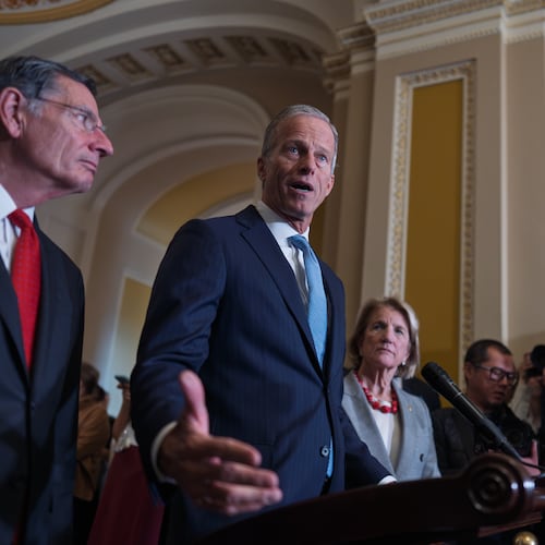 Senate Majority Leader John Thune, R-S.D., flanked by Sen. John Barrasso, R-Wyo., the GOP whip, left, and Sen. Shelly Moore Capito, R-W.Va., as he speaks with reporters after a closed-door GOP meeting at the Capitol in Washington, Wednesday, Nov. 19, 2025. (AP Photo/J. Scott Applewhite)