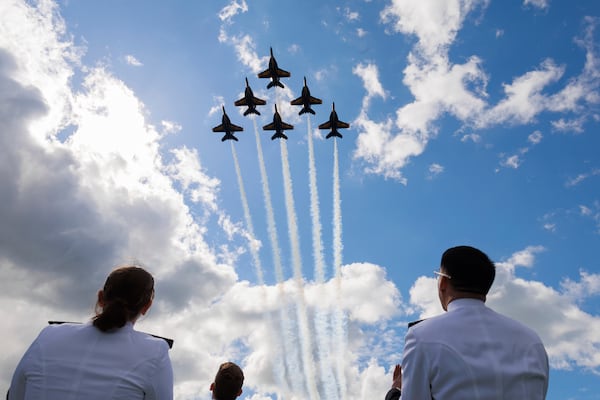 The Blue Angels, known officially as the U.S. Navy Flight Demonstration Squadron, perform a flyover during the U.S. Naval Academy's graduation and commissioning ceremony at the U.S. Naval Academy in Annapolis, Md.,Friday, May 23, 2025. (AP Photo/KT Kanazawich)