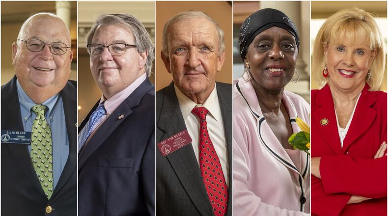 Five longtime lawmakers are retiring from the Georgia General Assembly this year after serving for at least 20 years. From left: state Sen. Ellis Black, R-Valdosta; state Sen. Steve Henson, D-Stone Mountain; state Rep. Tom McCall, R-Elberton; state Rep. “Able” Mable Thomas, D-Atlanta; and state Sen. Renee Unterman, R-Buford. ALYSSA POINTER/ALYSSA.POINTER@AJC.COM