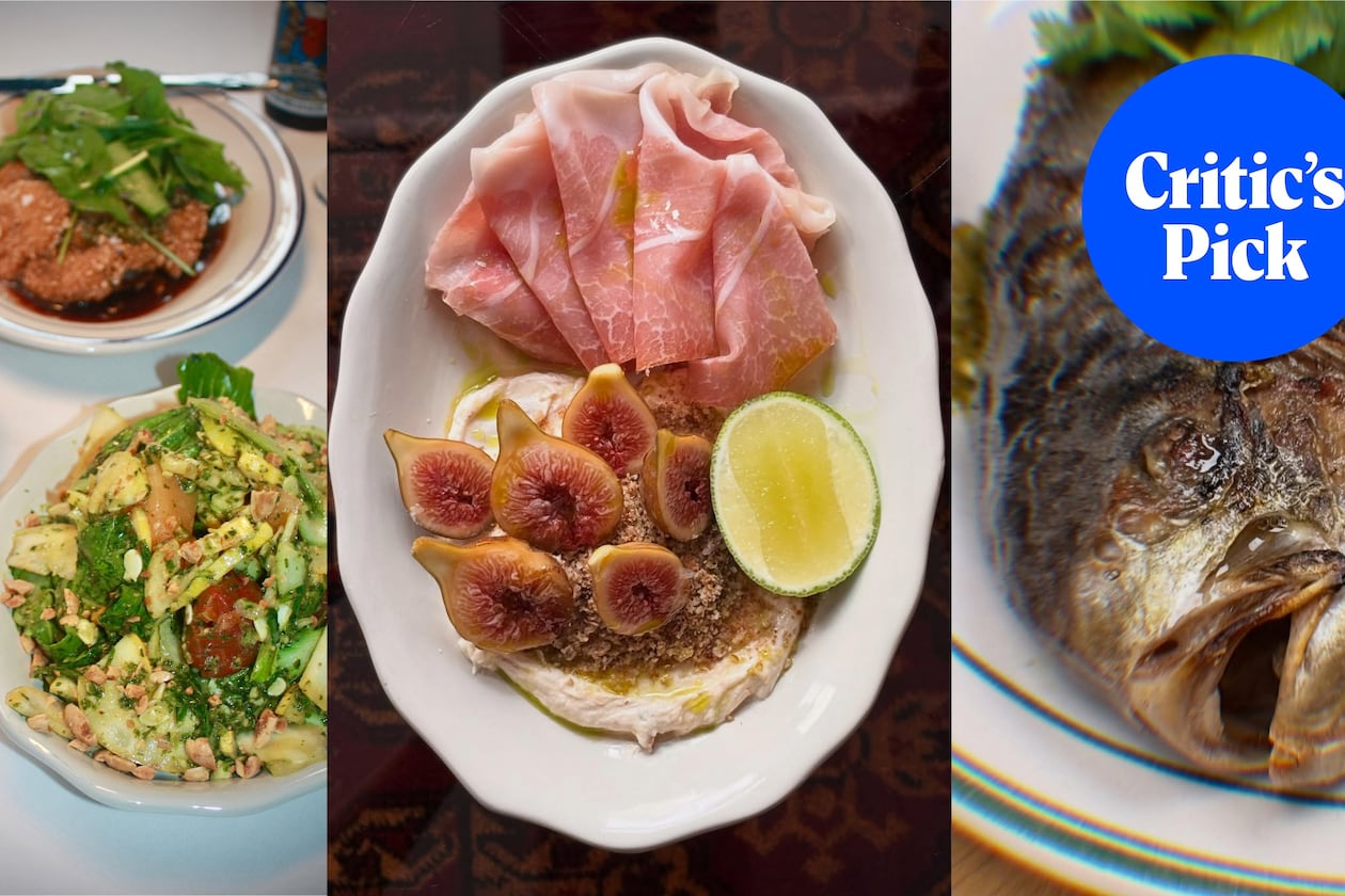 A triptych of vertical food photos, from left: a salad sits on a white tablecloth with a fried schnitzel plate behind it; an overhead shot of an oval plate with ham, figs cut into halves on a bed of chevre and a segment of lime; a close-up photo of the face of a whole, grilled fish. In the upper right-hand corner, a blue circle holds white lettering that reads "Critic's Pick."