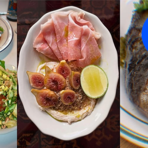 A triptych of vertical food photos, from left: a salad sits on a white tablecloth with a fried schnitzel plate behind it; an overhead shot of an oval plate with ham, figs cut into halves on a bed of chevre and a segment of lime; a close-up photo of the face of a whole, grilled fish. In the upper right-hand corner, a blue circle holds white lettering that reads "Critic's Pick."