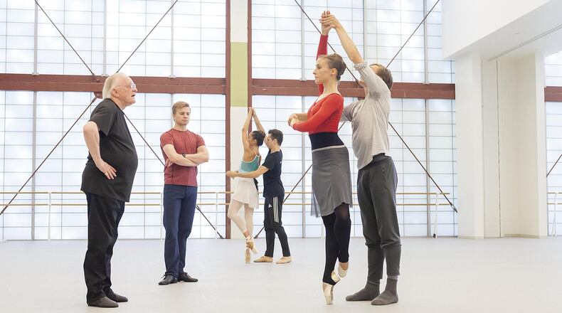 Robert Barnett (left), artistic director emeritus of Atlanta Ballet, coaches Emily Carrico and Ivan Tarakanov (right) with Jessica He and Anderson Souza (center) as artistic director Gennadi Nedvigin observes. CONTRIBUTED BY KIM KENNEY / ATLANTA BALLET