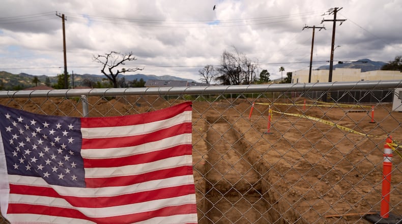 The new foundation for the Fountain of Life Nazarene Church is seen in Altadena, Calif., April 26, 2026. (AP Photo/Damian Dovarganes)