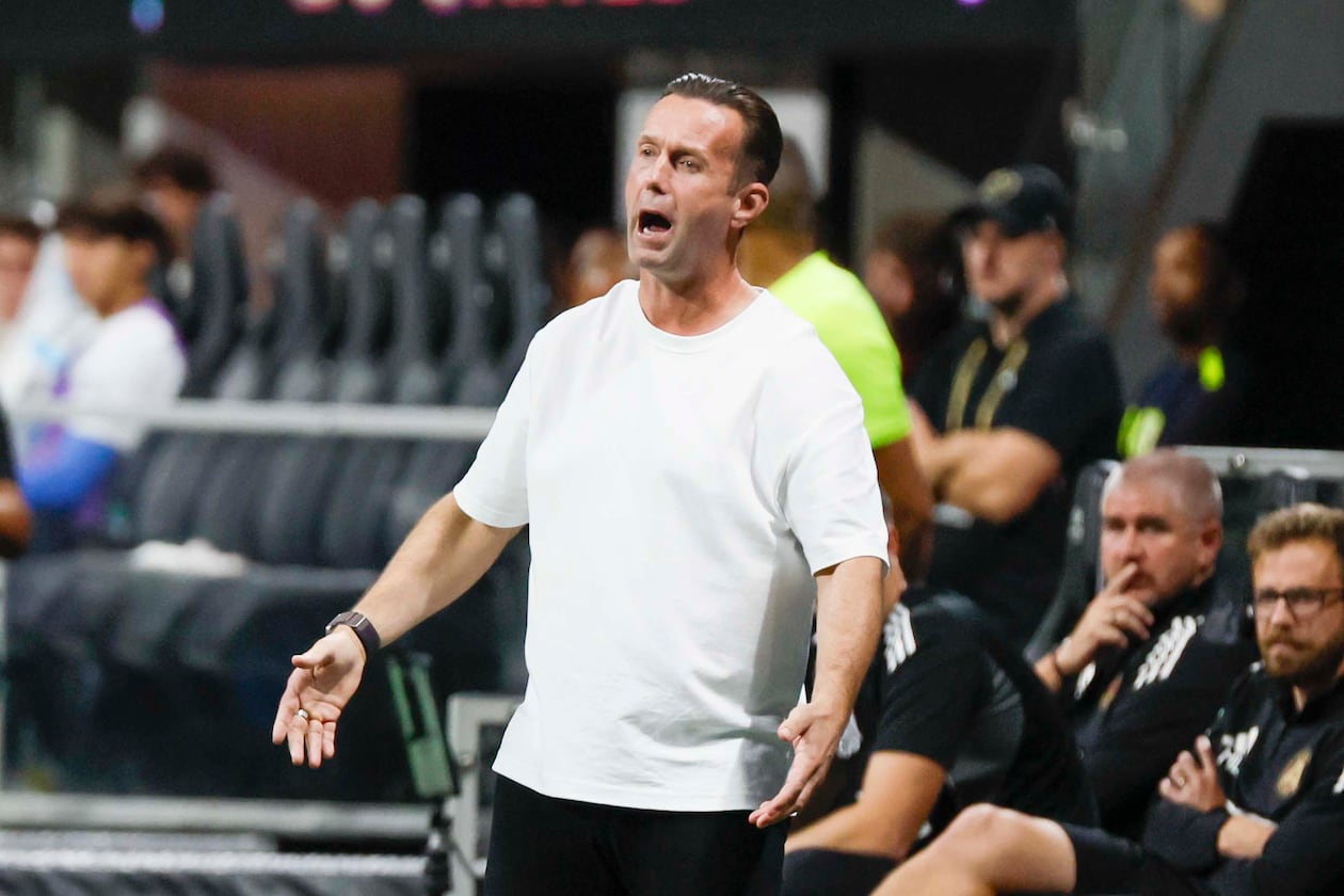 Ronny Deila reacts after a referee call during an Atlanta United match against DC United at Mercedes-Benz Stadium on Oct. 18, 2025, in Atlanta, Ga. (Miguel Martinez/AJC)