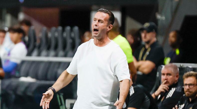 Ronny Deila reacts after a referee call during an Atlanta United match against DC United at Mercedes-Benz Stadium on Oct. 18, 2025, in Atlanta, Ga. (Miguel Martinez/AJC)