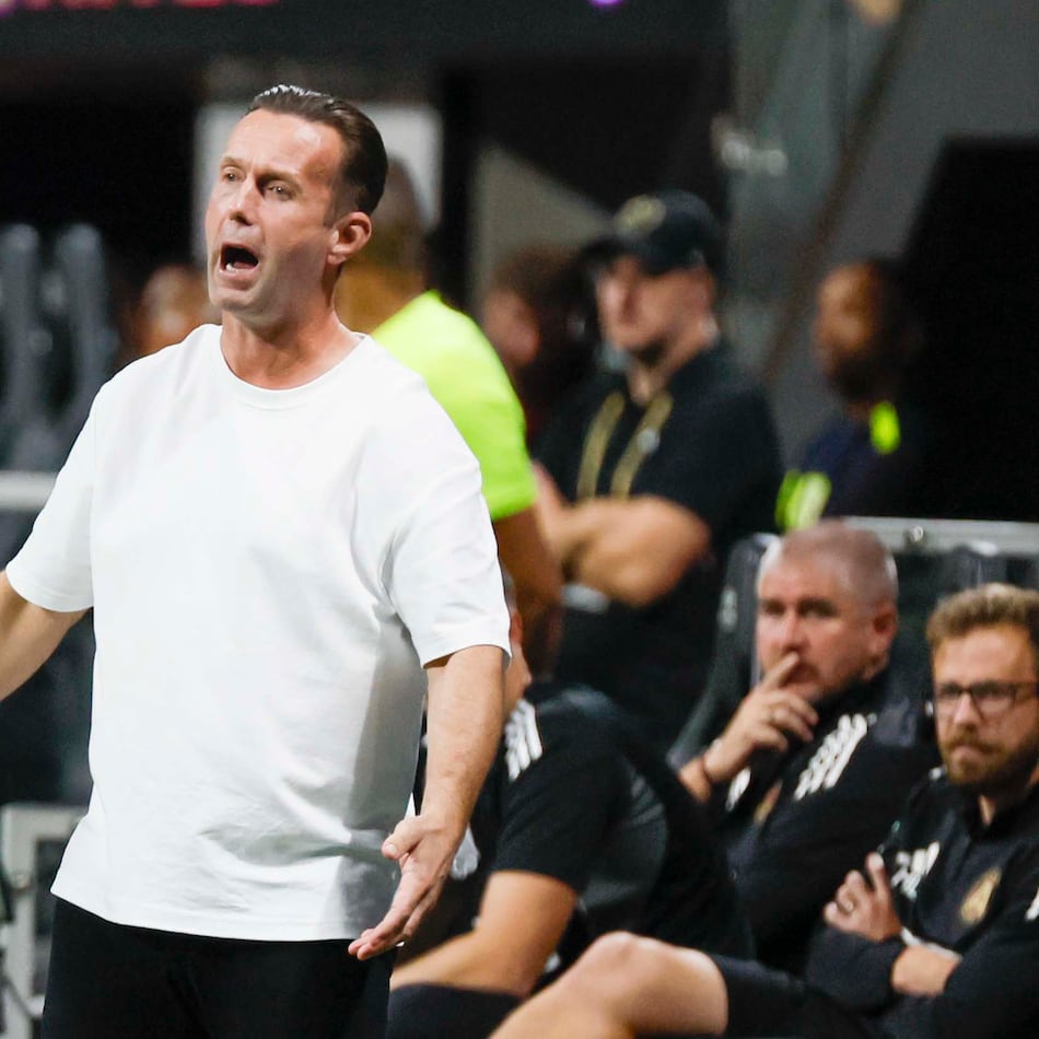 Ronny Deila reacts after a referee call during an Atlanta United match against DC United at Mercedes-Benz Stadium on Oct. 18, 2025, in Atlanta, Ga. (Miguel Martinez/AJC)