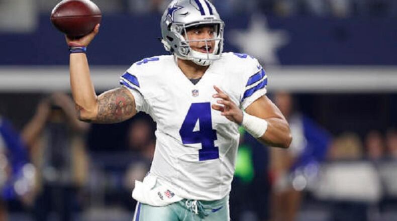 FILE - In this Dec. 26, 2016, file photo, Dallas Cowboys' Dak Prescott (4) throws a pass in the first half of an NFL football game against the Detroit Lions, in Arlington, Texas. The Cowboys next game is in the divisional playoffs on Sunday, Jan. 15. (AP Photo/Brandon Wade, File)