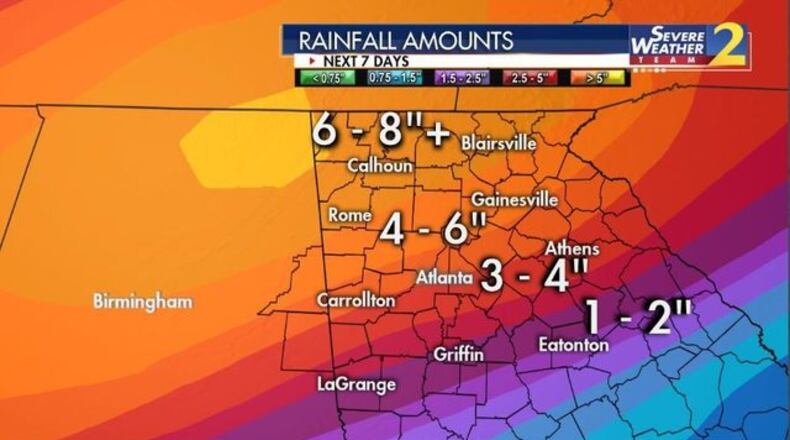 As of Saturday, meteorologists forecast that some parts of Georgia could see up to 8 inches of rain in the next seven days.