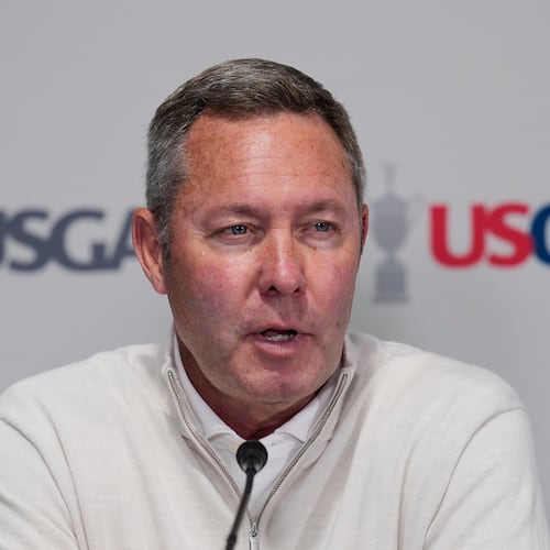 United States Golf Association CEO Mike Whan speaks during a news conference during the U.S. Open golf tournament at Shinnecock Hills Golf Club in Southampton, N.Y., Wednesday, June 17, 2026.(AP Photo/David J. Phillip)