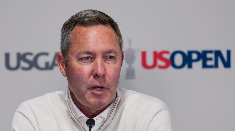 United States Golf Association CEO Mike Whan speaks during a news conference during the U.S. Open golf tournament at Shinnecock Hills Golf Club in Southampton, N.Y., Wednesday, June 17, 2026.(AP Photo/David J. Phillip)