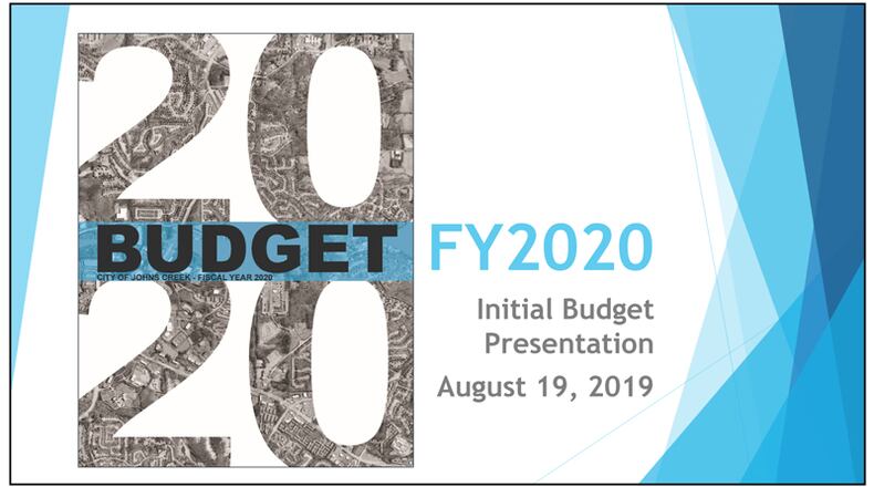 The first page of a presentation on Johns Creek’s proposed FY 2019 budget. CITY OF JOHNS CREEK