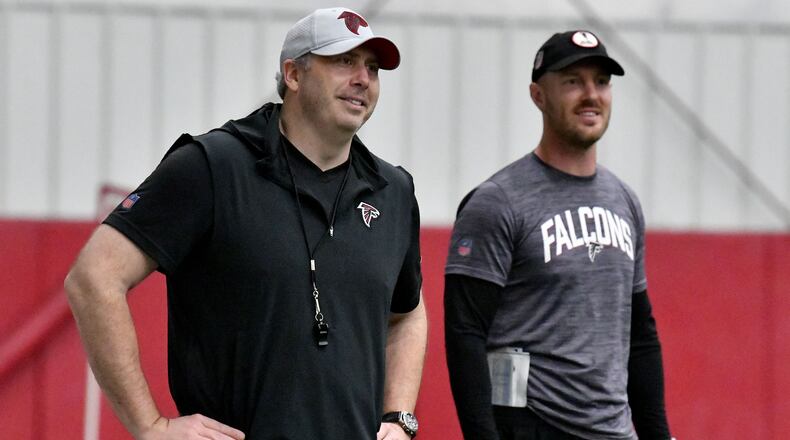 Atlanta Falcons head coach Arthur Smith (left) smiles during rookie minicamp at Atlanta Falcons Training Facility, Friday, May 12, 2023, in Flowery Branch. (Hyosub Shin / Hyosub.Shin@ajc.com)