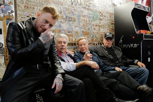 Frank Carter, from left, Glen Matlock, Paul Cook and Steve Jones of the Sex Pistols poses for portrait photographs, Friday, March 21, 2025. (Photo by Alberto Pezzali/Invision/AP)