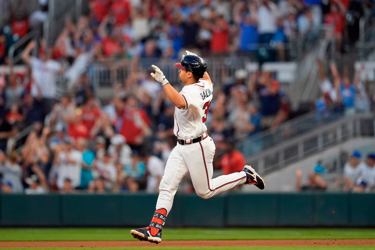 Atlanta Braves' Drake Baldwin celebrates his a solo homer in the fourth inning of a baseball game against the Chicago Cubs, Wednesday, May 13, 2026, in Atlanta. (AP Photo/Mike Stewart)