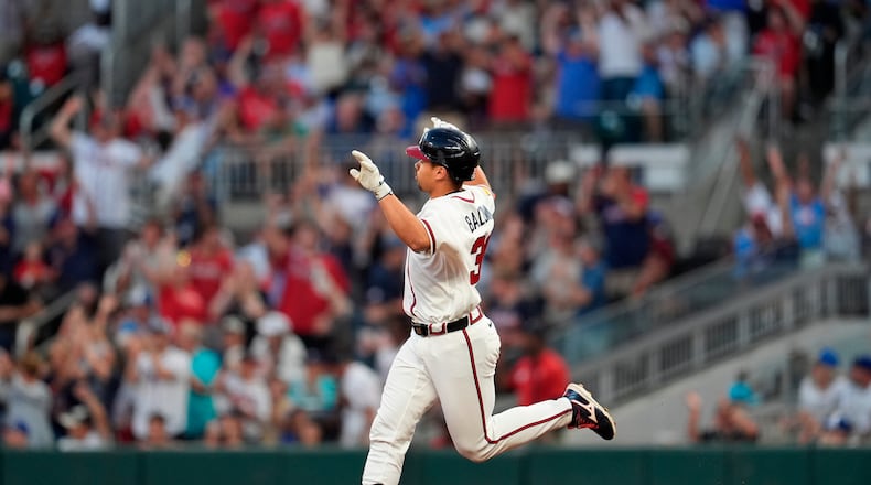 Atlanta Braves' Drake Baldwin celebrates his a solo homer in the fourth inning of a baseball game against the Chicago Cubs, Wednesday, May 13, 2026, in Atlanta. (AP Photo/Mike Stewart)