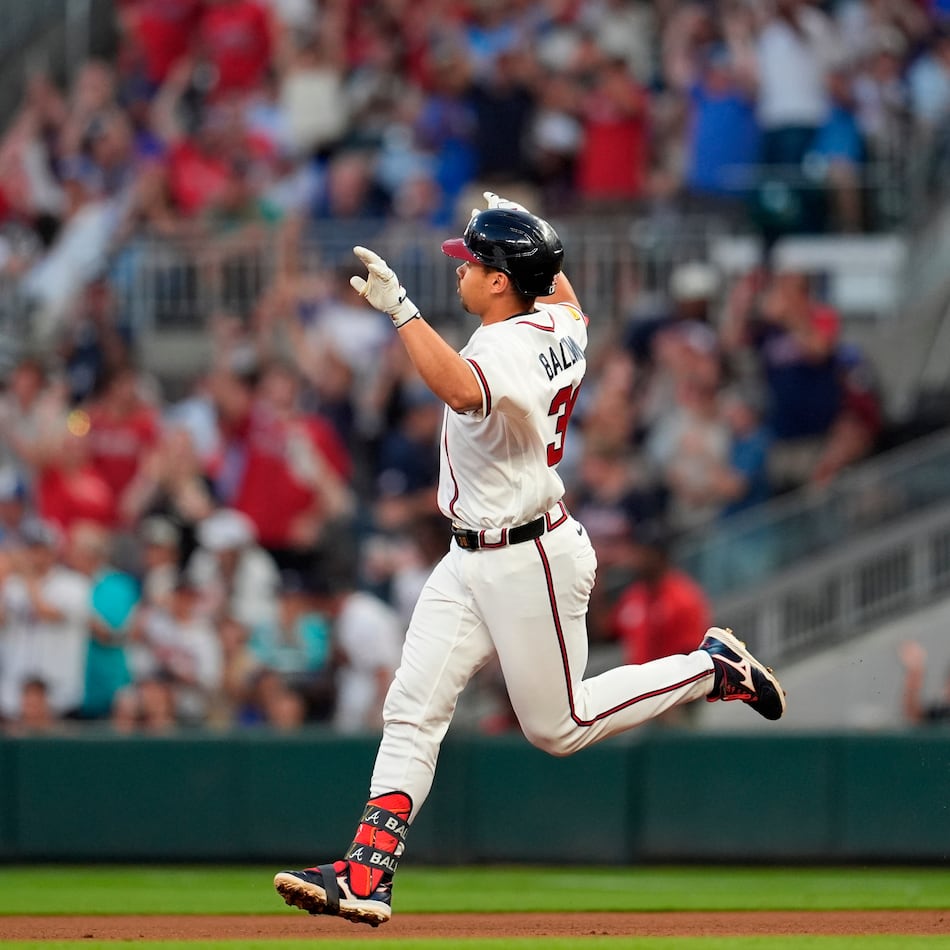 Atlanta Braves' Drake Baldwin celebrates his a solo homer in the fourth inning of a baseball game against the Chicago Cubs, Wednesday, May 13, 2026, in Atlanta. (AP Photo/Mike Stewart)