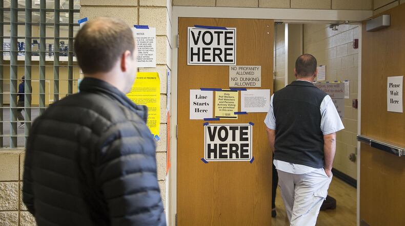11/05/2019 — Smyrna, Georgia — Voters file into the gymnasium at the Smyrna Community Center to cast their ballots during Election Day in Smyrna, Tuesday, November 5, 2019. (Alyssa Pointer/Atlanta Journal Constitution)