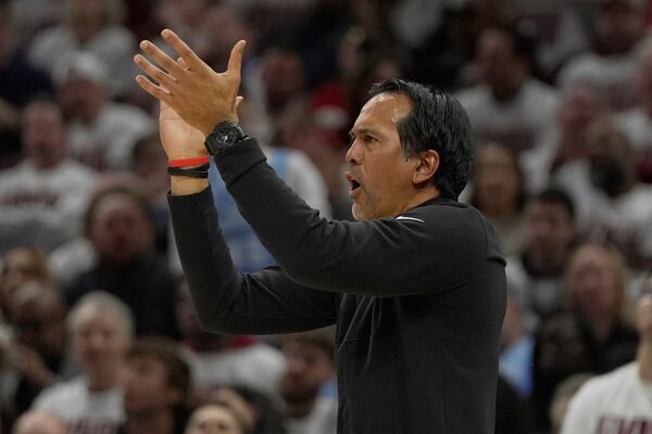 Miami Heat head coach Erik Spoelstra gestures in the second half in Game 1 of an NBA first-round playoff series against the Cleveland Cavaliers, Sunday, April 20, 2025, in Cleveland. (AP Photo/Sue Ogrocki)