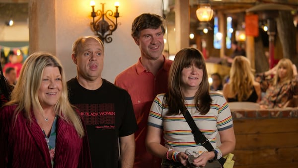 The cast of "Jury Duty Presents: Corporate Retreat" on Amazon includes (from left) Stephanie Hodge, Jim Woods Atlanta's Rob Lathan and Emily Pendergast. (Courtesy of Amazon)
