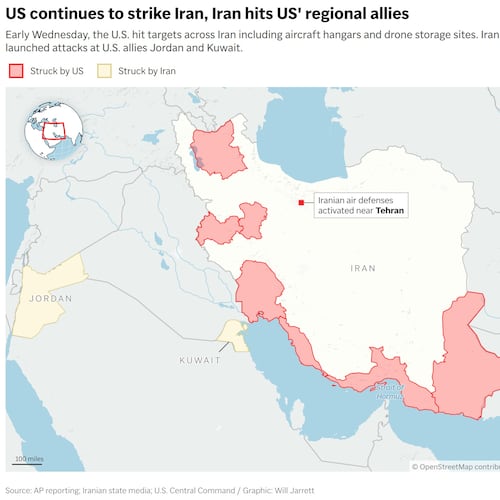A map showing strikes in and around Iran early Wednesday. (AP Digital Embed)