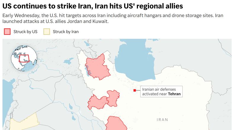 A map showing strikes in and around Iran early Wednesday. (AP Digital Embed)