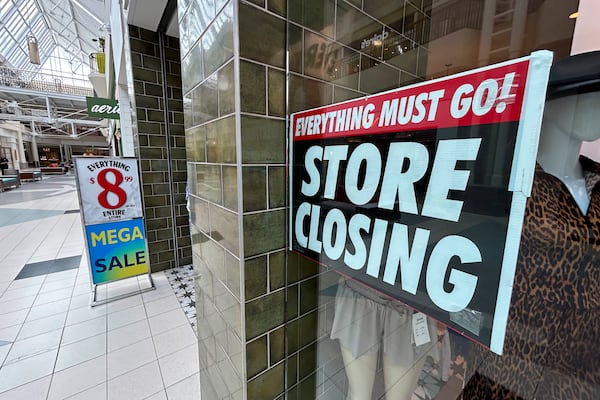 A “Store Closing,” sign is shown at a clothing retail store at the North Point Mall, April 3, 2025 (Jason Getz/AJC)