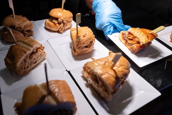 Chicken cheesesteak sandwiches at a food showcase event at State Farm Arena. (Arvin Temkar/AJC)