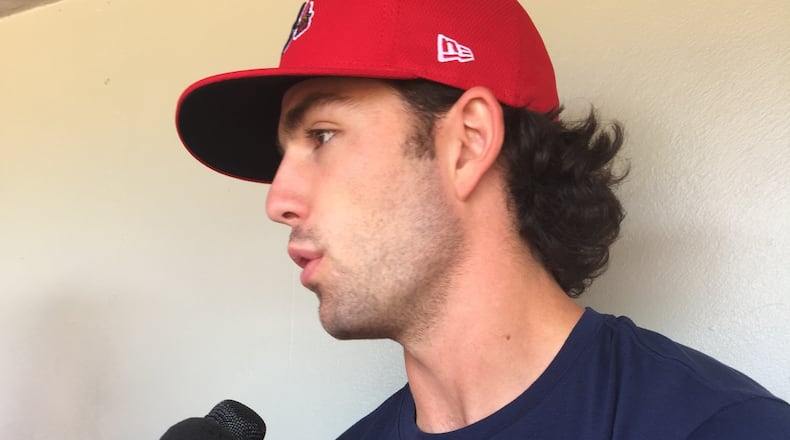 Braves shortstop Dansby Swanson speaks with the media before Gwinnett’s game Wednesday. Swanson was demoted to Triple-A last week after hitting .213 in 95 major league games. (Gabriel Burns / AJC)