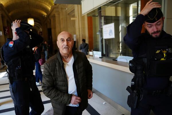 Yunice Abbas, one of the men accused in the 2016 armed robbery of Kim Kardashian, arrives at the palace of justice Monday, April 28, 2025 in Paris. (AP Photo/Aurelien Morissard)