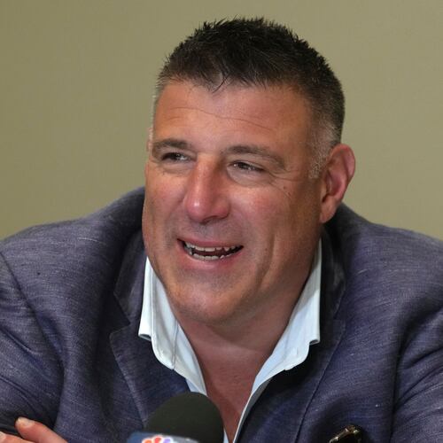 New England Patriots head coach Mike Vrabel speaks to reporters at the NFL football annual meetings, Tuesday, March 31, 2026, in Phoenix. (AP Photo/Ross D. Franklin)