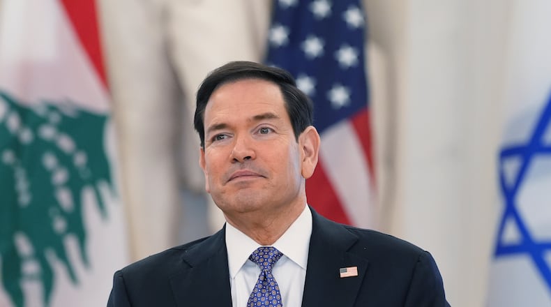 Secretary of State Marco Rubio smiles during a meeting at the State Department in Washington, Tuesday, April 14, 2026. (AP Photo/Jacquelyn Martin)