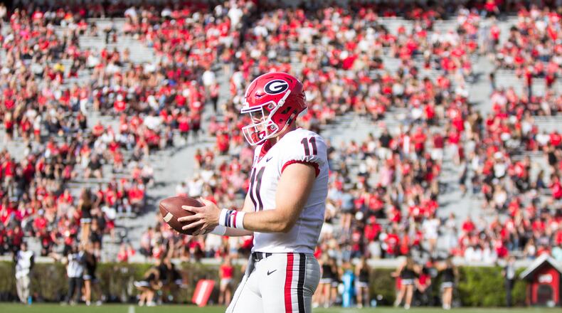 Georgia quarterback Jake Fromm (11) on the field during G-Day Saturday, April 21, 2018, at Sanford Stadium in Athens.