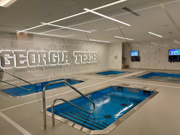 Georgia Tech's new Thomas A. Fanning Student-Athlete Performance Center includes four hydrotherapy tubs. Two of them are equipped with treadmills to enable injured athletes to run in an anti-gravity setting. (Ken Sugiura/AJC)