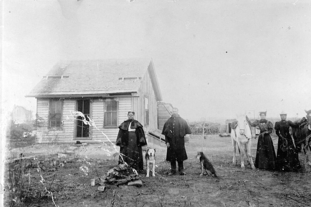 An undated photo of Black homesteaders in Nicodemus, KS. (Library of Congress)