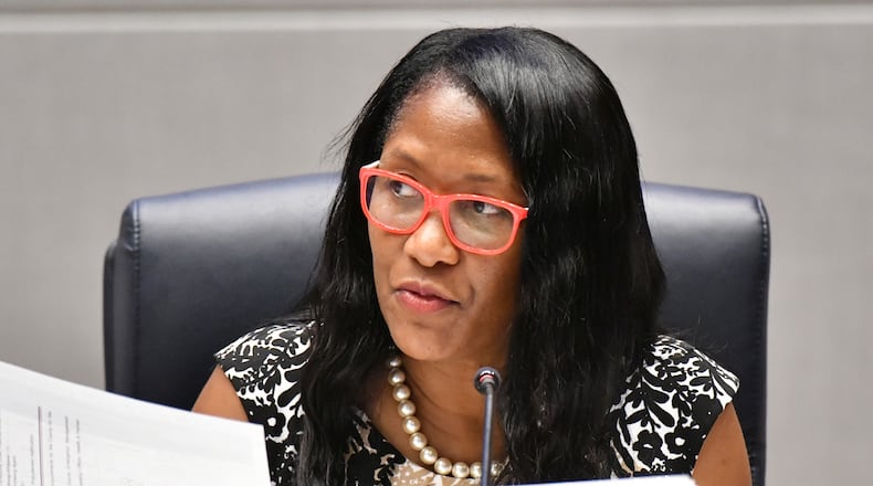 Commissioner Natalie Hall during a commissioner meeting at the Fulton County government building in Atlanta on Wednesday, July 14, 2021. (Hyosub Shin / Hyosub.Shin@ajc.com)