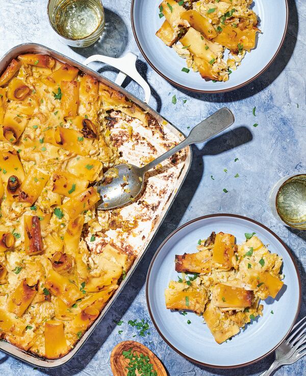 Make-ahead Deviled Crab Rigatoni gives the company treatment to a homey pasta casserole. From “It's Always Freezer Season” by Ashley Christensen and Kaitlyn Goalen (Ten Speed Press, $30). (Courtesy of Lauren Vied Allen)