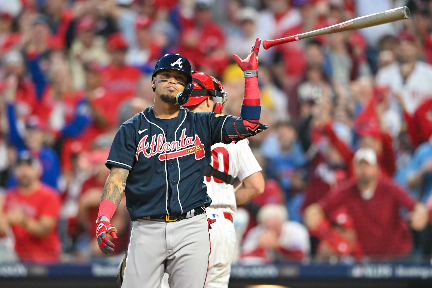 Atlanta Braves’ Orlando Arcia (11) strikes out swinging against the Philadelphia Phillies to end the fourth inning of NLDS Game 3 in Philadelphia on Wednesday, Oct. 11, 2023.   (Hyosub Shin / Hyosub.Shin@ajc.com)