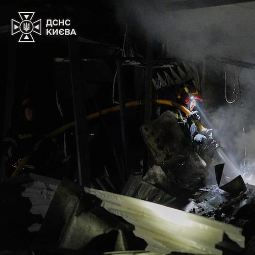 In this photo provided by the Ukrainian Emergency Service, firefighters put out a fire following a Russian missile attack in Kyiv, Ukraine, Tuesday, Sept. 1, 2026. (Ukrainian Emergency Service via AP)