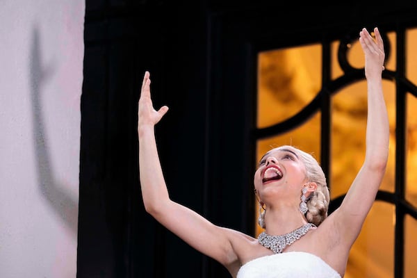 Rachel Zegler performs the song 'Don't Cry For Me Argentina' from The London Palladium Theatre balcony during a performance of Evita on Wednesday, June 18, 2025, in London. (Photo by Scott A Garfitt/Invision/AP)