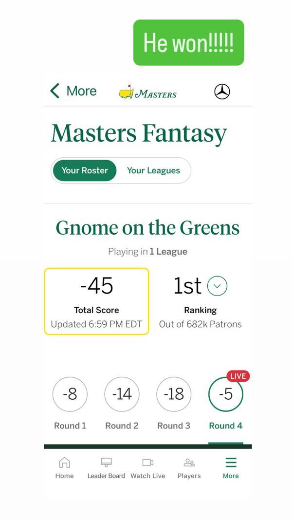 A screenshot shows the news that Jack Lenaeus won the 2026 Masters Fantasy game. The Carrollton High School senior’s “Gnome on the Greens” team finished 45 under par. (Courtesy Laura Lenaeus)